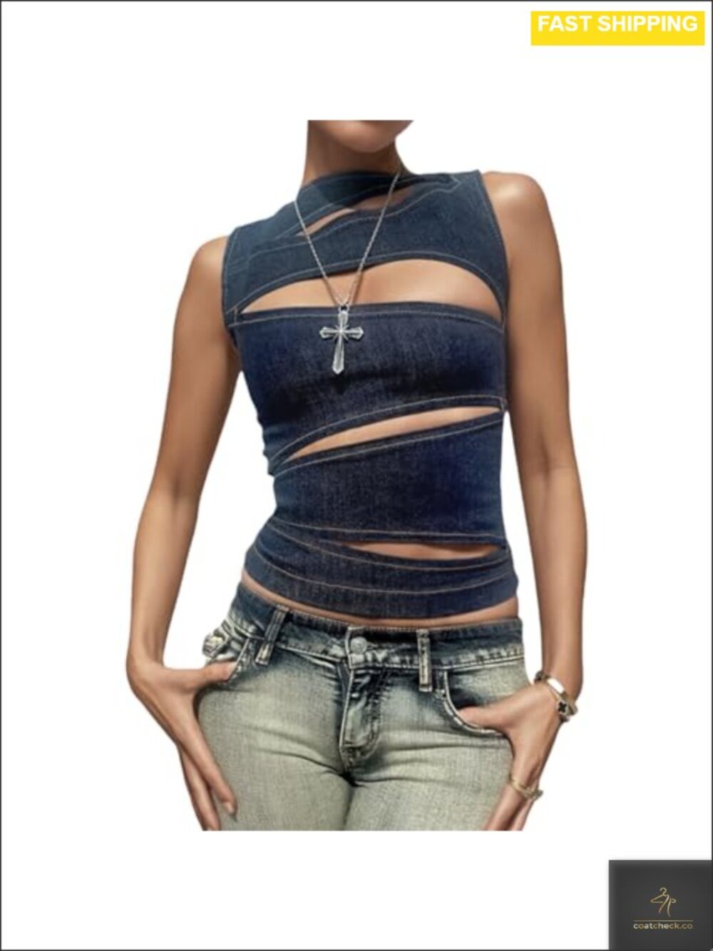 Women's Sexy Cutout Denim Tank Top Sleeveless Y2K Crop Zip Back Bustier Rave